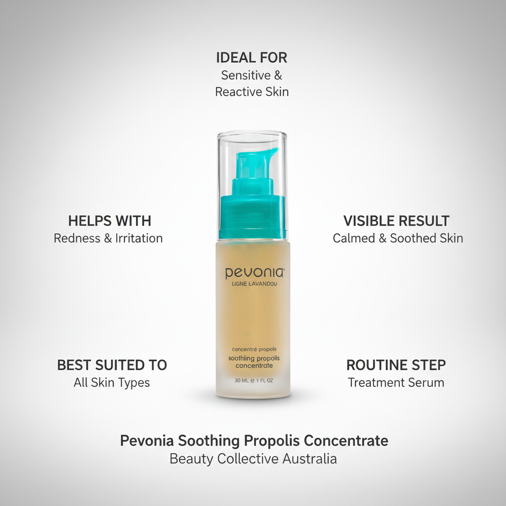 Pevonia Soothing Propolis Concentrate bottle with text on a gray background