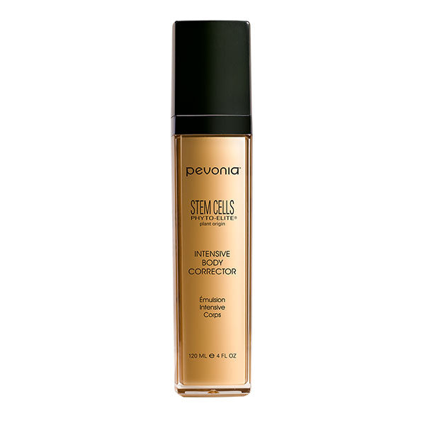 A bottle of Pevonia Stem Cells Body Corrector with a black cap and a label that includes the brand name and product line, Stem Cells, in a clear and elegant font.
