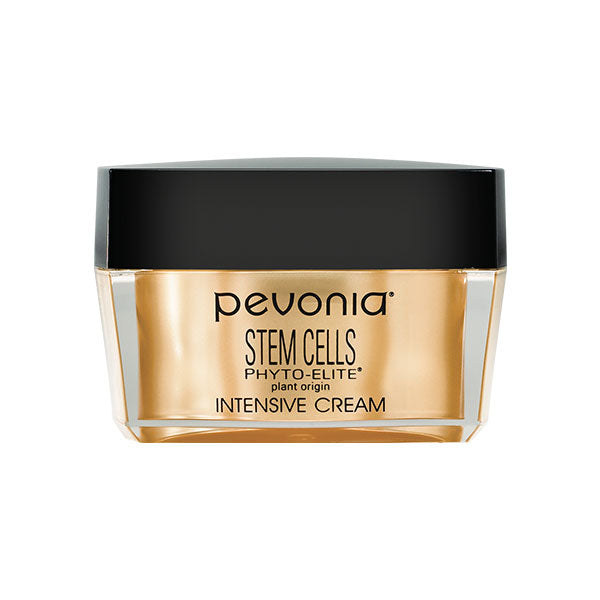 A jar of Pevonia Stem Cells Intensive Cream, with a clear golden beige cream visible through the transparent glass and a black lid.