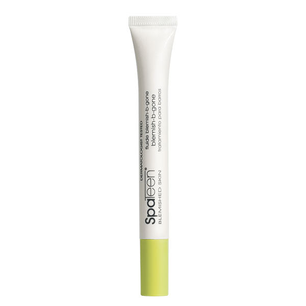 A white tube with a green cap labeled 'SpaTeen Blemish-B-Gone 12ml' for acne treatment.