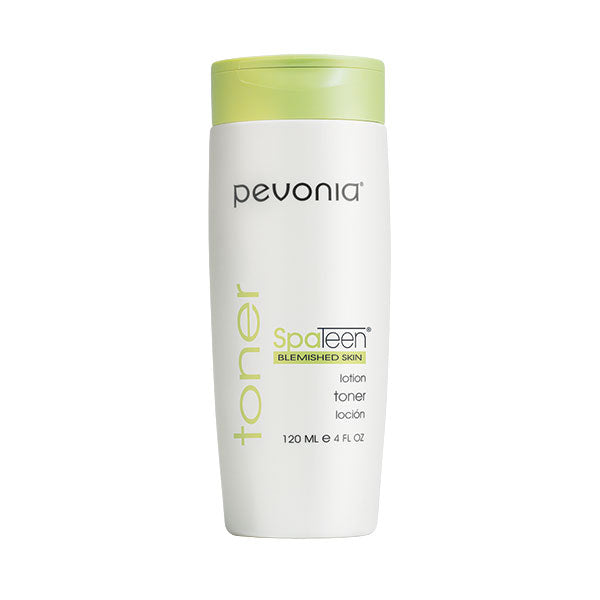 A bottle of Pevonia SpaTeen Blemished Skin Lotion with a white body and green label, indicating it is specifically formulated for blemished skin.