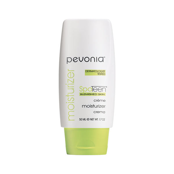 Pevonia SpaTeen Blemished Skin Moisturizer 50ml for blemish care, non-clogging hydration, time-release comfort and daily breakout support on a white back background