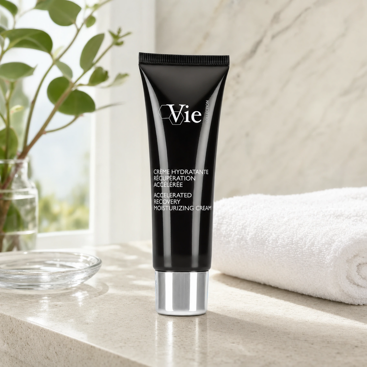 Vie Collection Accelerated Recovery Moisturizing Cream 50ml styled on a premium bathroom vanity for comforting skin recovery care.