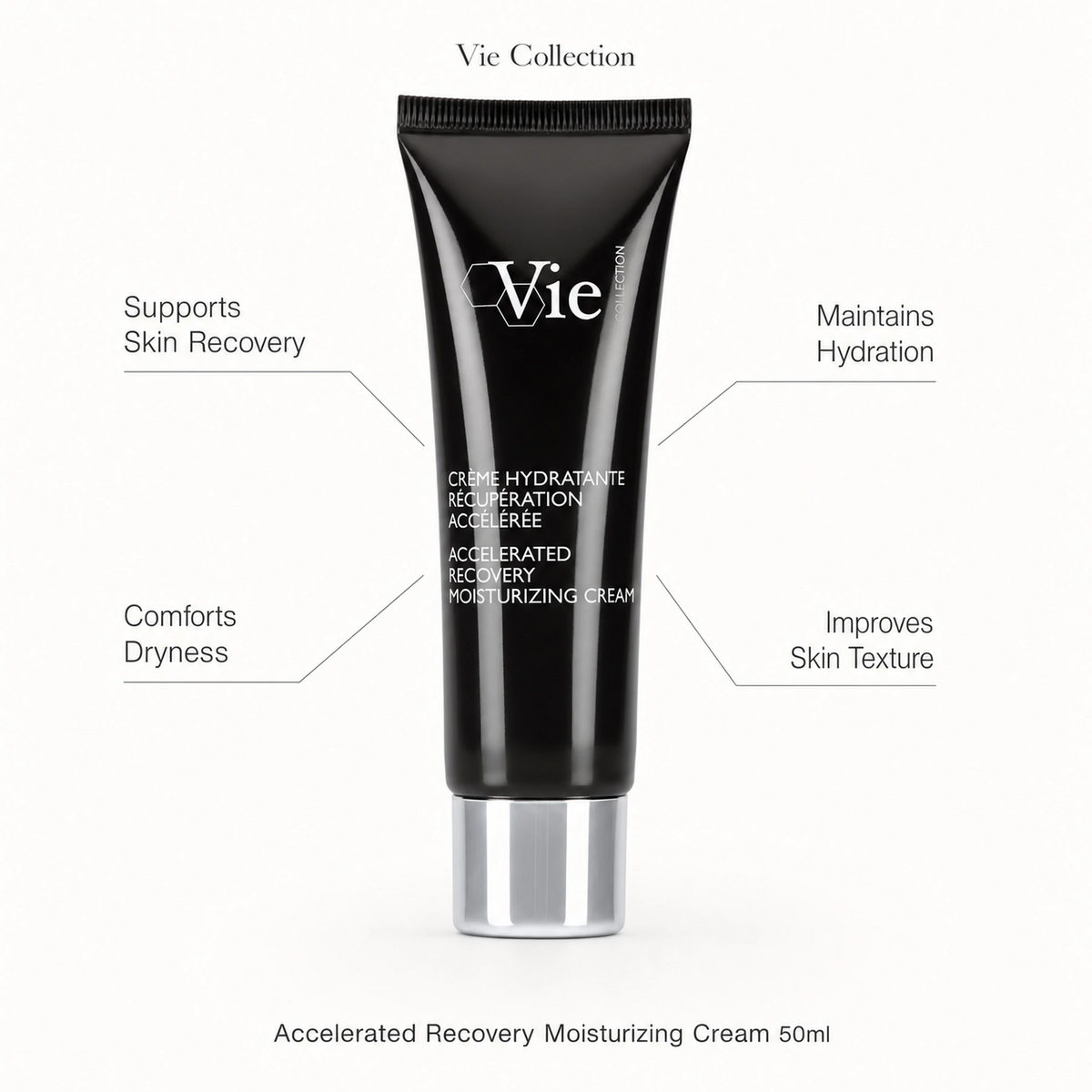 Vie Collection Accelerated Recovery Moisturizing Cream 50ml with callouts for skin recovery, hydration, dryness comfort and improved texture.