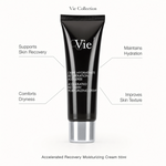 Vie Collection Accelerated Recovery Moisturizing Cream 50ml with callouts for skin recovery, hydration, dryness comfort and improved texture.