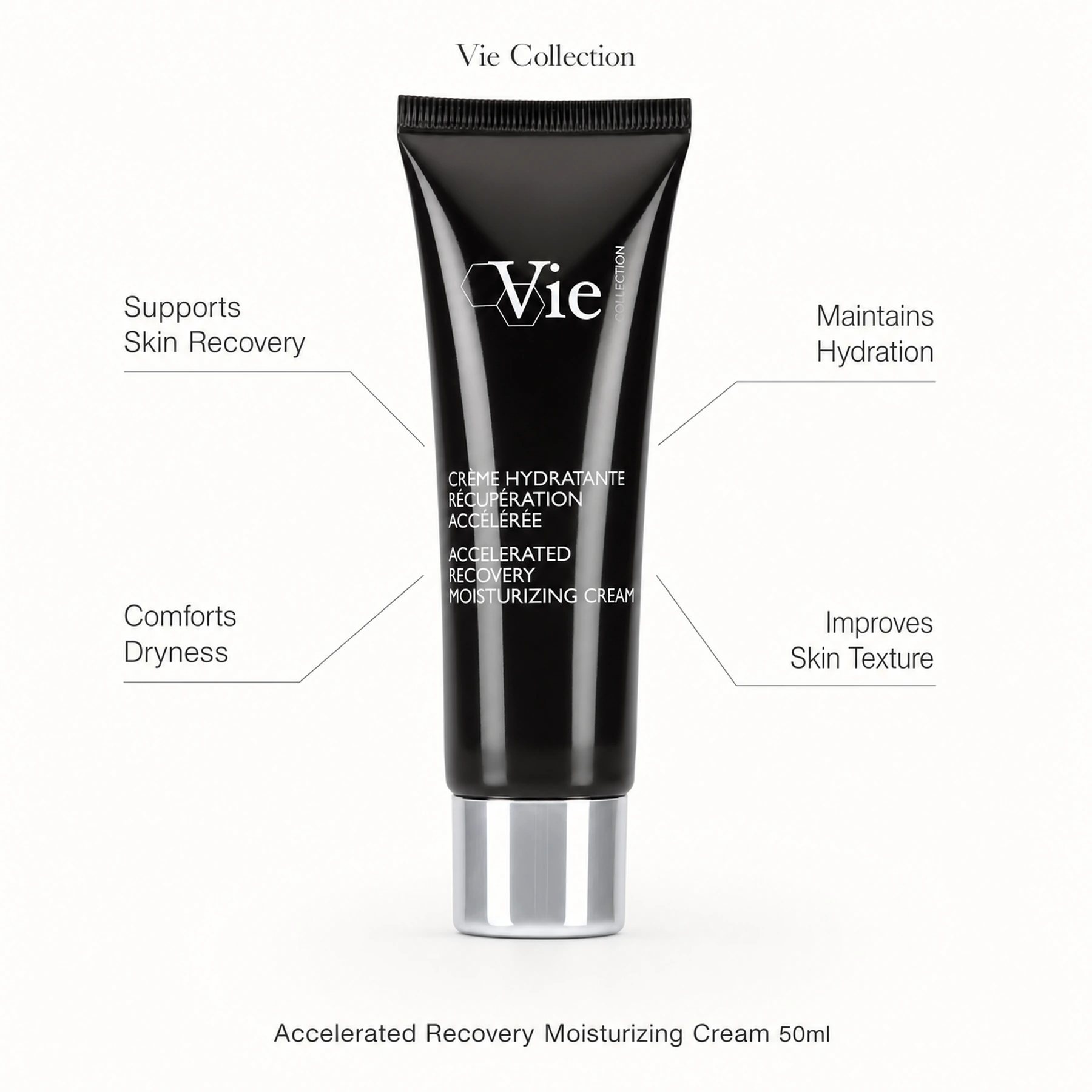 Vie Collection Accelerated Recovery Moisturizing Cream 50ml with callouts for skin recovery, hydration, dryness comfort and improved texture.