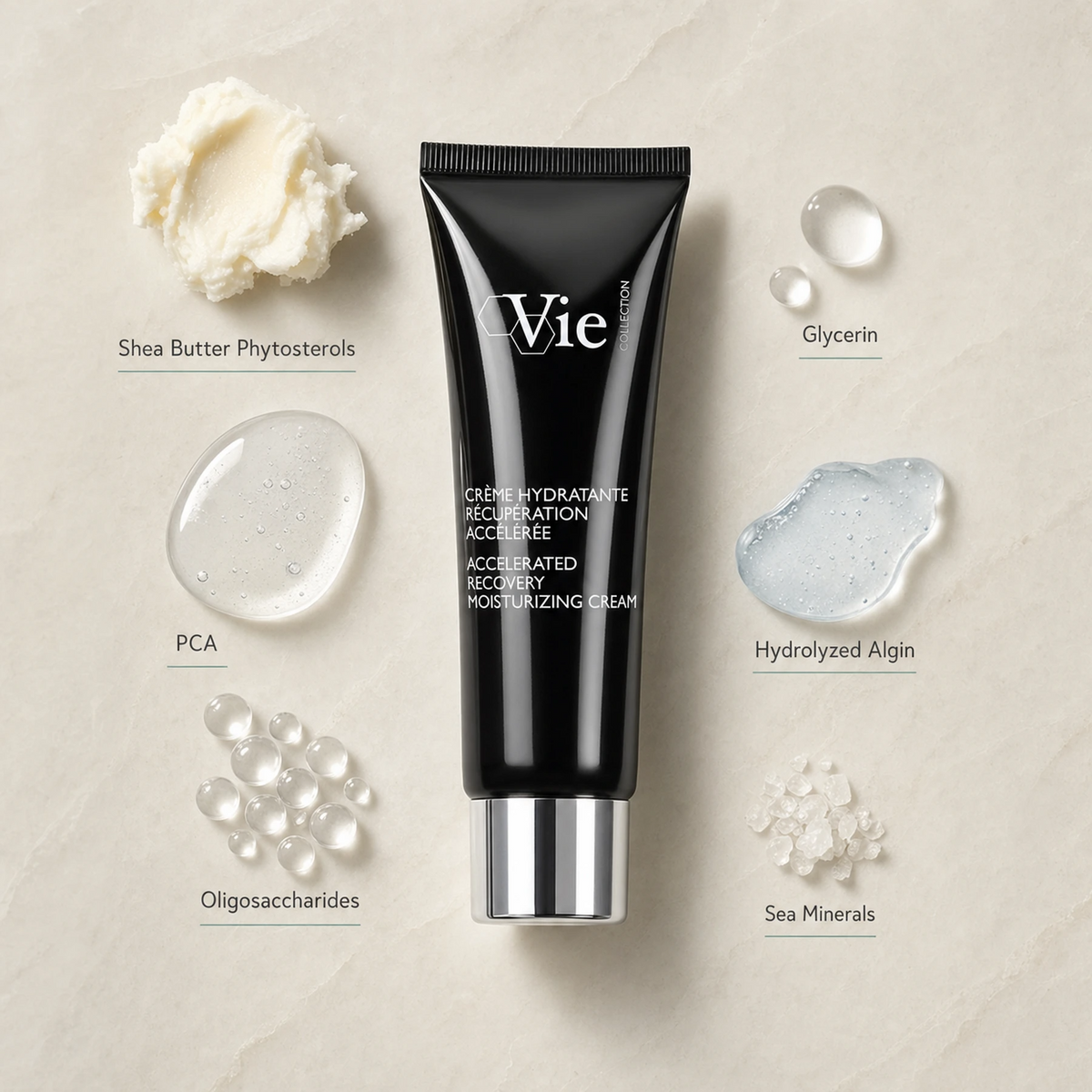 Vie Collection Accelerated Recovery Moisturizing Cream 50ml with Shea Butter Phytosterols, PCA, Oligosaccharides and hydration-focused ingredients.