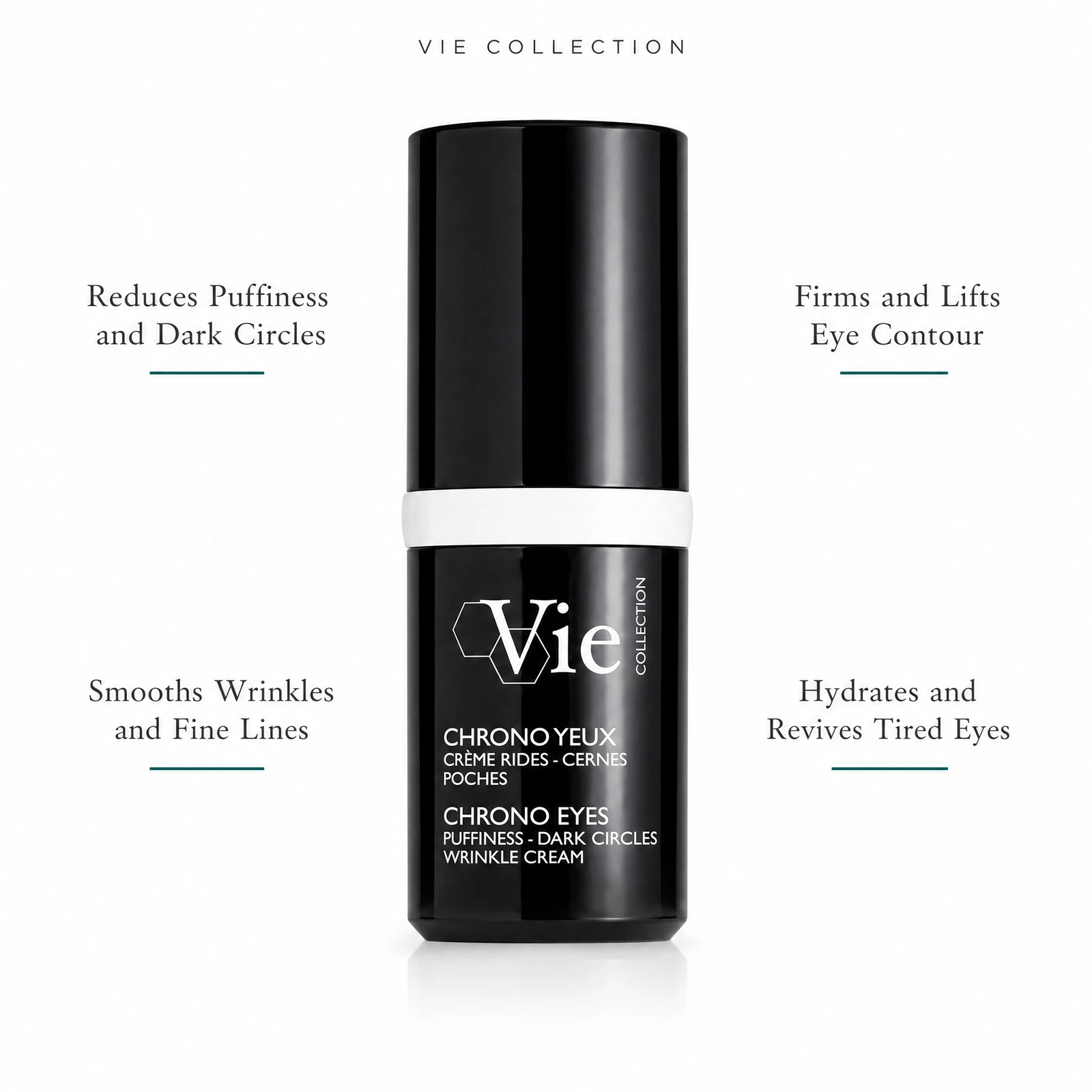 Vie Collection Chrono Eyes Puffiness Dark Circles Wrinkle Cream 15ml with four benefit callouts: Reduces Puffiness and Dark Circles, Smooths Wrinkles and Fine Lines, Firms and Lifts Eye Contour, Hydrates and Revives Tired Eyes