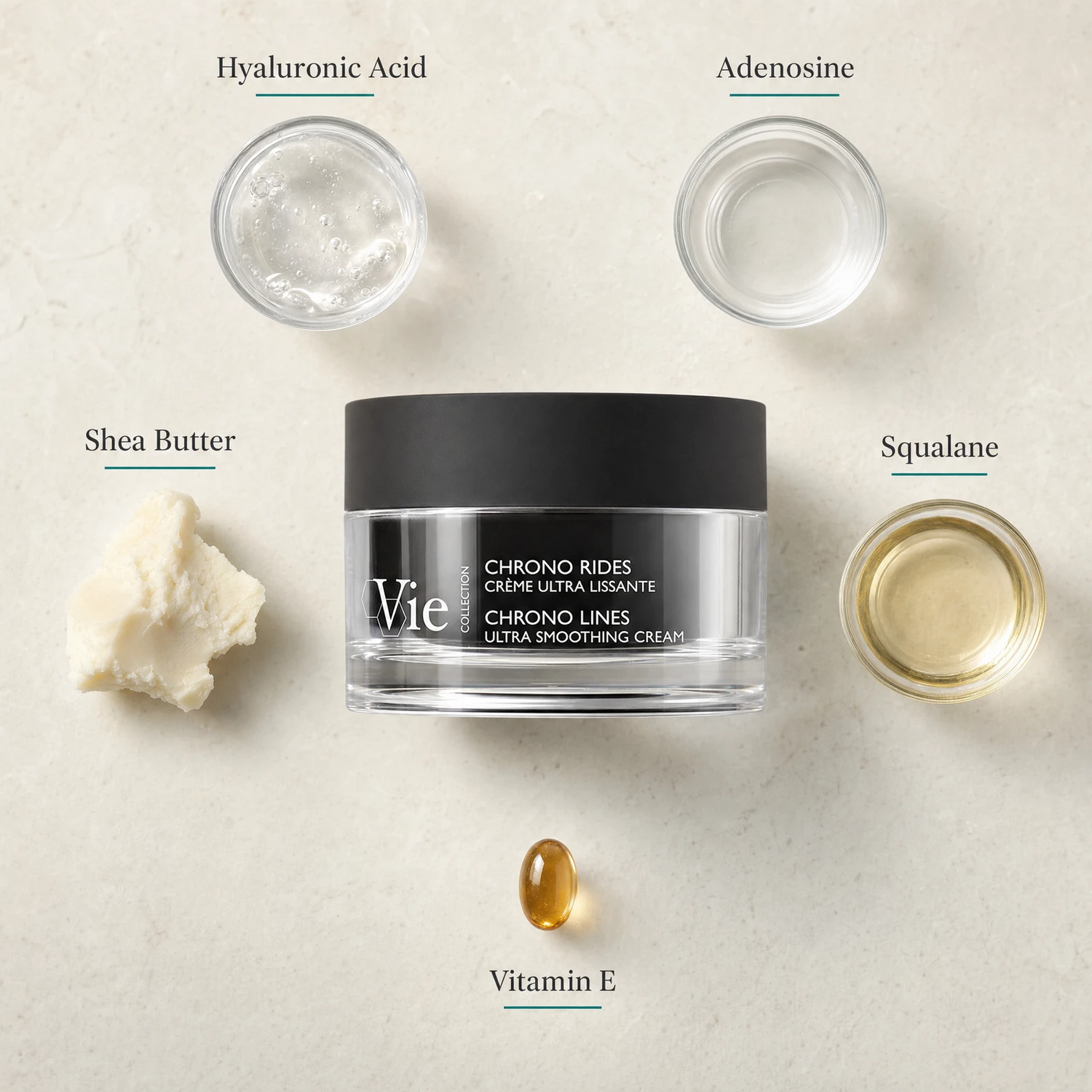 Vie Collection Chrono Lines Ultra Smoothing Cream 50ml flatlay on limestone surface with Hyaluronic Acid, Adenosine, Shea Butter, Squalane, and Vitamin E
