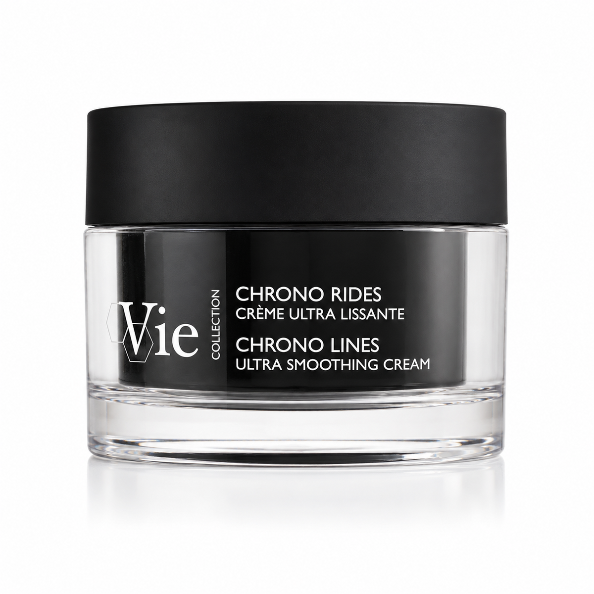 Vie Collection Chrono Lines Ultra Smoothing Cream retail 50ml in a clear glass jar with a black lid and black label, on a white background.