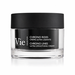 Vie Collection Chrono Lines Ultra Smoothing Cream retail 50ml in a clear glass jar with a black lid and black label, on a white background.