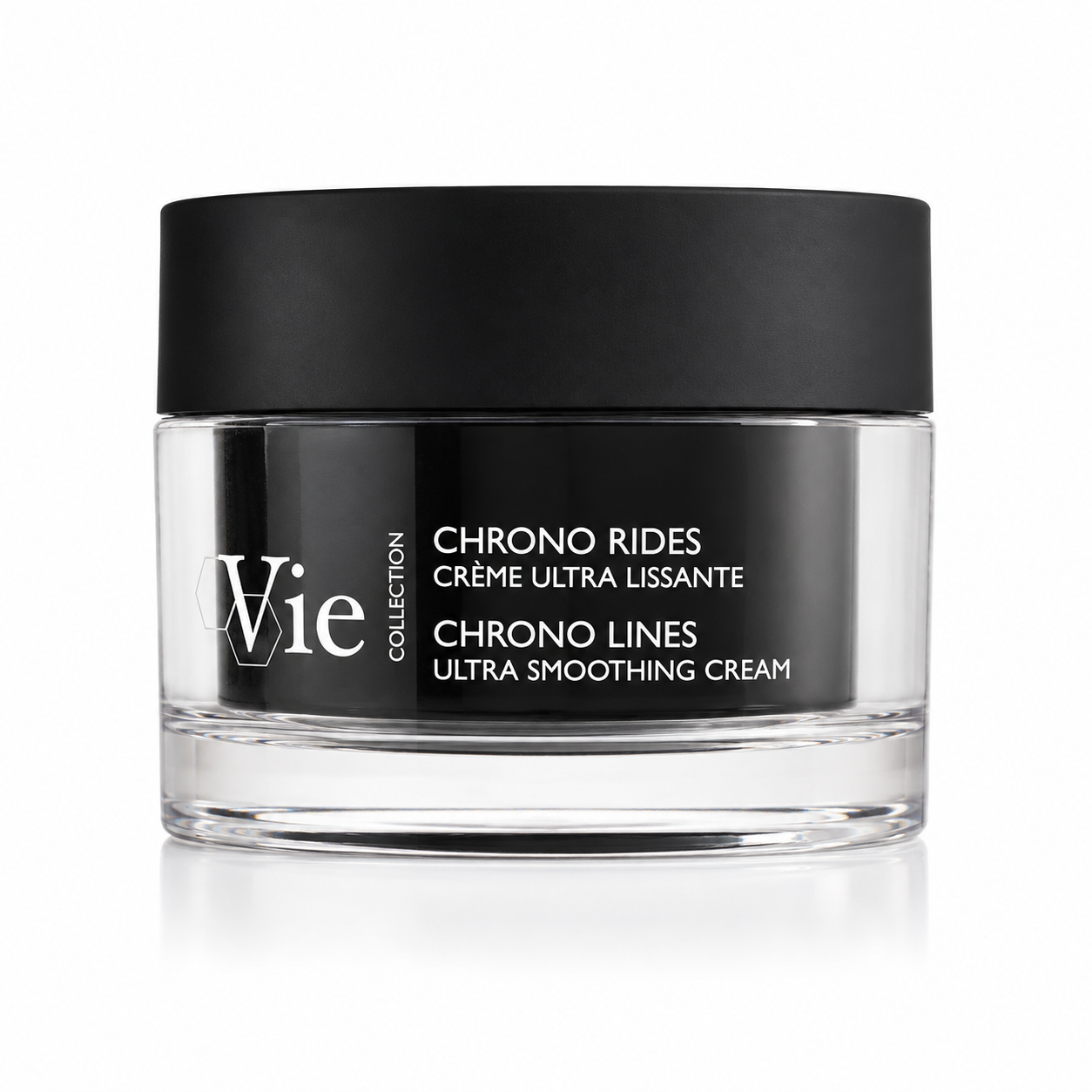 Vie Collection Chrono Lines Ultra Smoothing Cream retail 50ml in a clear glass jar with a black lid and black label, on a white background.