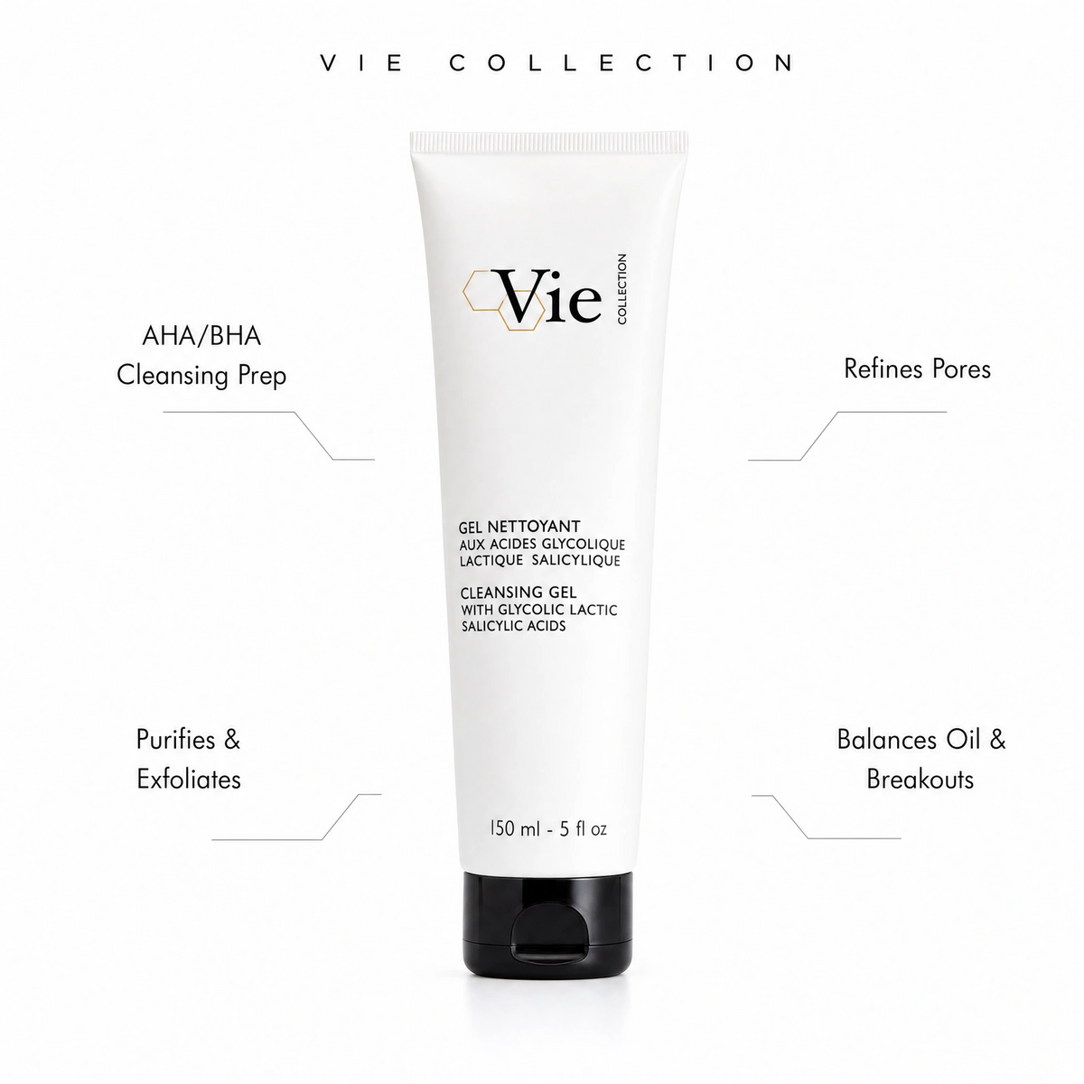 Vie Collection Cleansing Gel 150ml with professional benefit callouts for AHA/BHA cleansing prep, purifying and exfoliating, pore refinement and oil balance support.