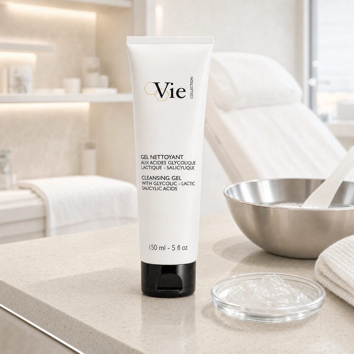 Vie Collection Cleansing Gel 150ml displayed in a premium clinical treatment-room setting for professional AHA and BHA cleansing preparation.