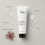 Vie Collection Cleansing Gel 150ml ingredient flatlay with Glycolic Acid, Lactic Acid, Salicylic Acid, Glycerin and Chondrus Crispus Extract.
