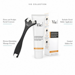 Vie Collection Dermo-Stimulating Massage Cream 50ml Limited Edition with four benefit callouts: Firms and Sculpts Facial Contours, Dermo-Stimulating Massage Formula, Includes Facial Roller Applicator, Limited Edition Set