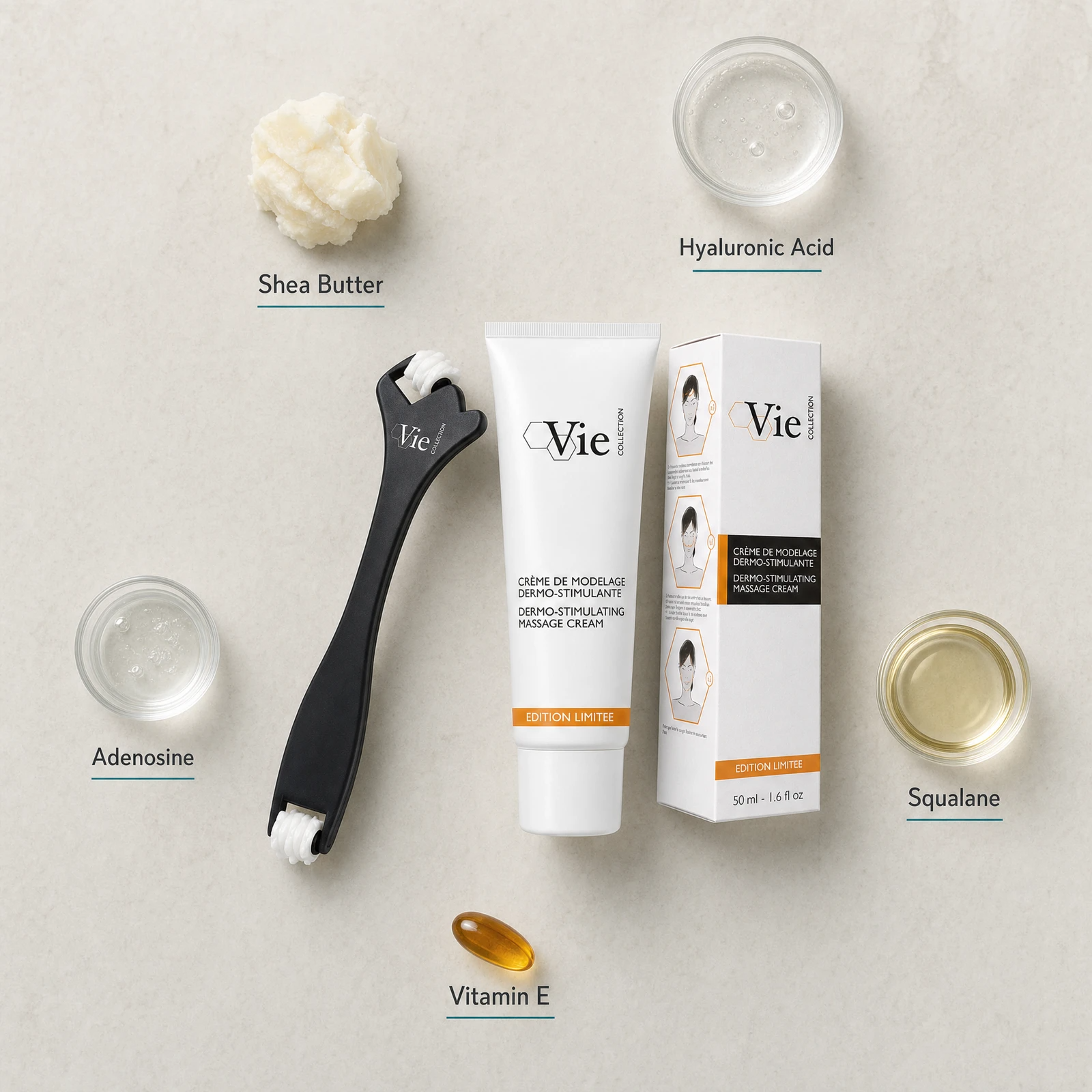 Vie Collection Dermo-Stimulating Massage Cream 50ml Limited Edition flatlay on limestone surface with Shea Butter, Hyaluronic Acid, Adenosine, Squalane, and Vitamin E