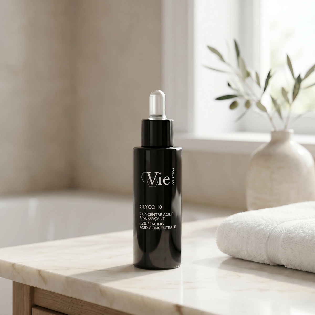 Vie Collection Glyco 10 Resurfacing Acid Concentrate 30ml styled on a premium bathroom vanity for smoother, more radiant-looking skin.