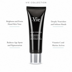 Vie Collection Hand Control Youthful Hands Brightening Cream 50ml with four benefit callouts: Brightens and Evens Hand Skin Tone, Reduces Age Spots and Pigmentation, Deeply Nourishes and Softens Hands, Vitamin C and Marine Actives