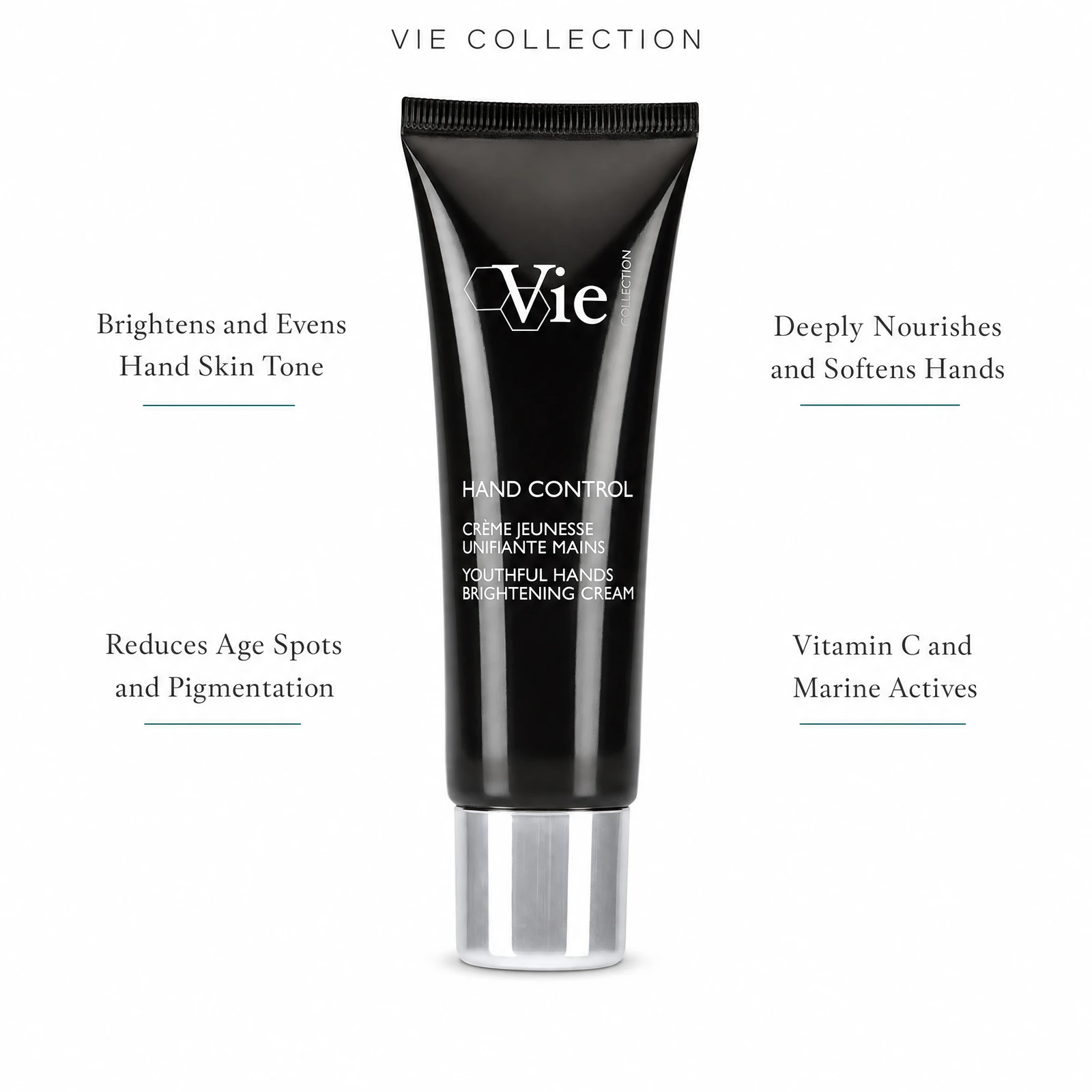 Vie Collection Hand Control Youthful Hands Brightening Cream 50ml with four benefit callouts: Brightens and Evens Hand Skin Tone, Reduces Age Spots and Pigmentation, Deeply Nourishes and Softens Hands, Vitamin C and Marine Actives