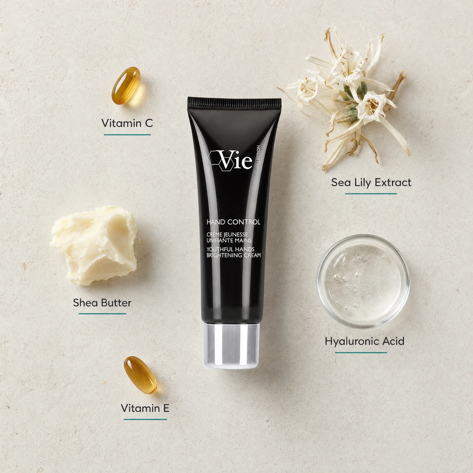 Vie Collection Hand Control Youthful Hands Brightening Cream 50ml with four benefit callouts: Brightens and Evens Hand Skin Tone, Reduces Age Spots and Pigmentation, Deeply Nourishes and Softens Hands, Vitamin C and Marine Actives