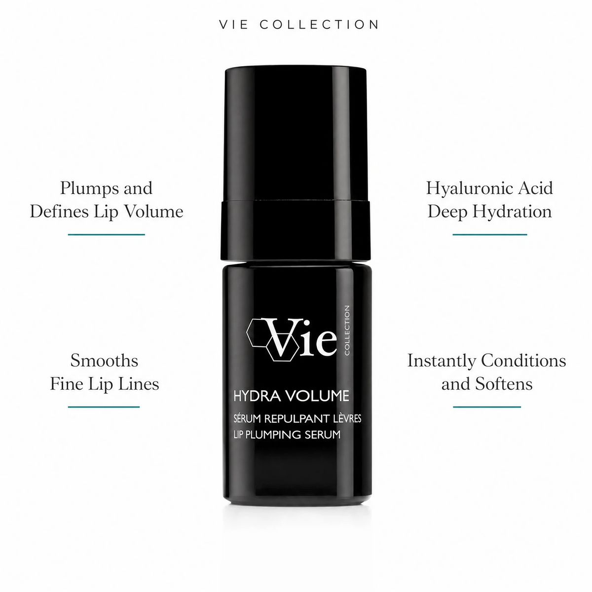 Vie Collection Hydra Volume Lip Plumping Serum 15ml with four benefit callouts: Plumps and Defines Lip Volume, Smooths Fine Lip Lines, Hyaluronic Acid Deep Hydration, Instantly Conditions and Softens