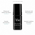 Vie Collection Hydra Volume Lip Plumping Serum 15ml with four benefit callouts: Plumps and Defines Lip Volume, Smooths Fine Lip Lines, Hyaluronic Acid Deep Hydration, Instantly Conditions and Softens
