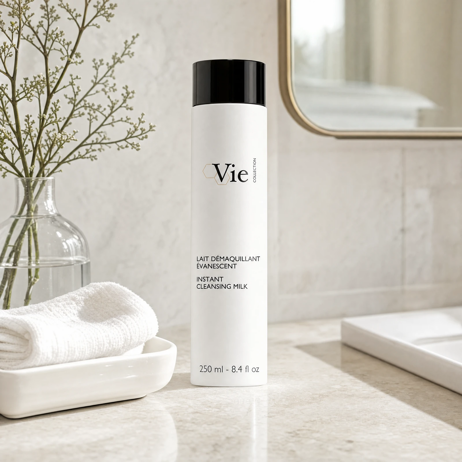 Vie Collection Instant Cleansing Milk 250ml on a marble bathroom counter with gypsophila in glass carafe, white ceramic tray with towel, gold round mirror and marble tile wall, premium at-home skincare setting