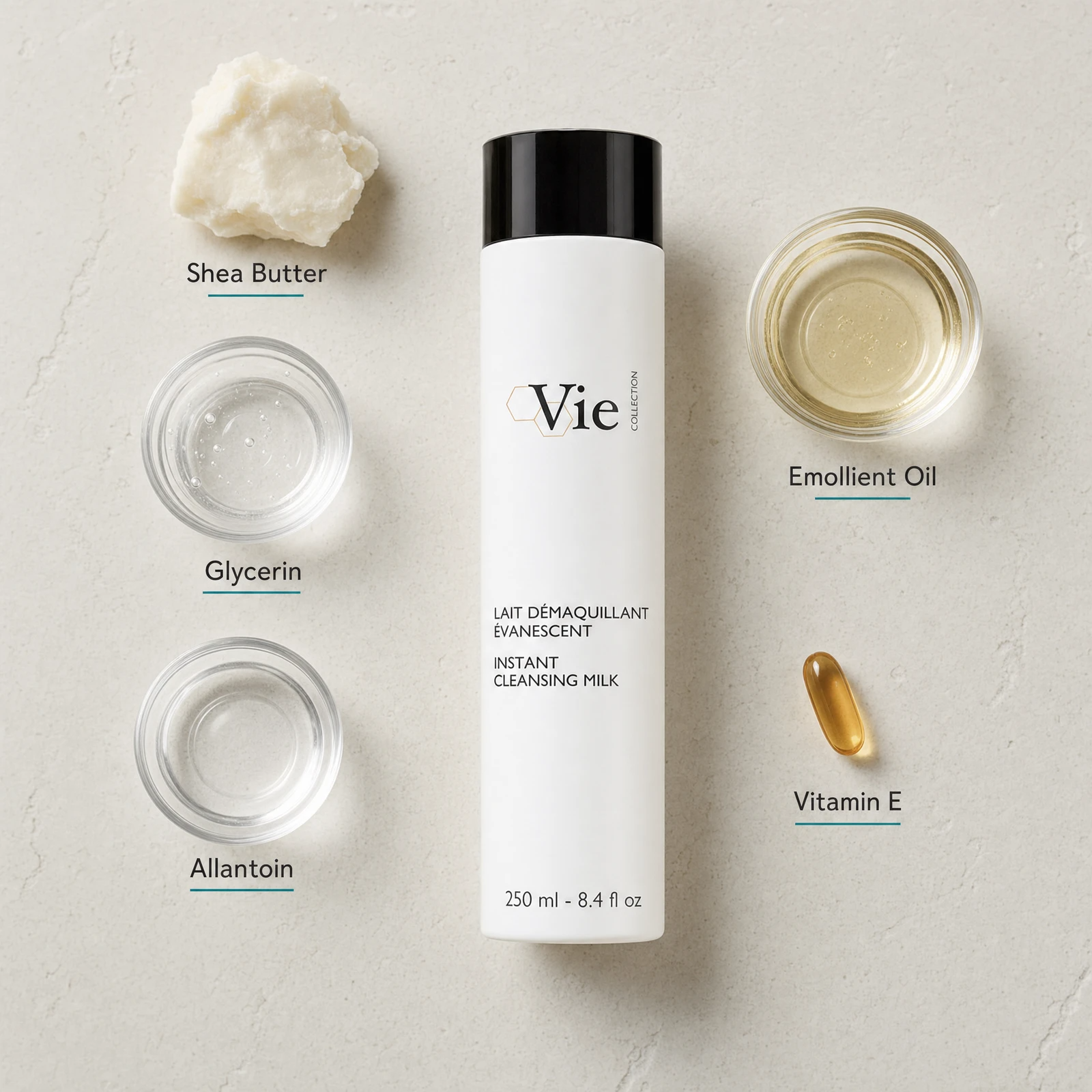 Vie Collection Instant Cleansing Milk 250ml flatlay on limestone surface with Shea Butter, Glycerin, Allantoin, Emollient Oil, and Vitamin E