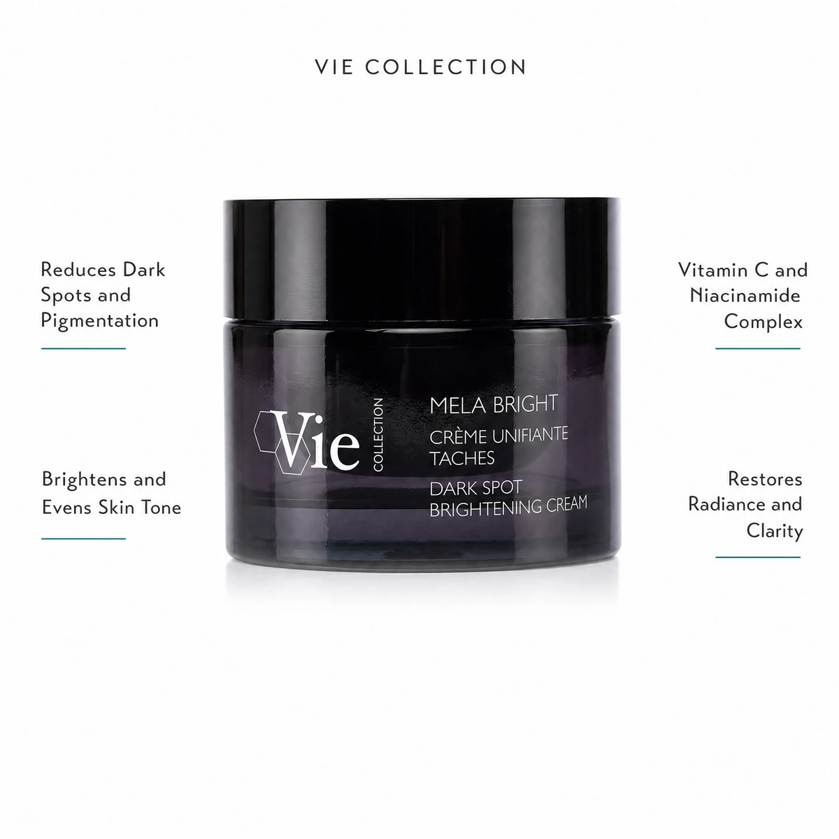 Vie Collection Mela Bright Dark Spot Brightening Cream 50ml with four benefit callouts: Reduces Dark Spots and Pigmentation, Brightens and Evens Skin Tone, Vitamin C and Niacinamide Complex, Restores Radiance and Clarity