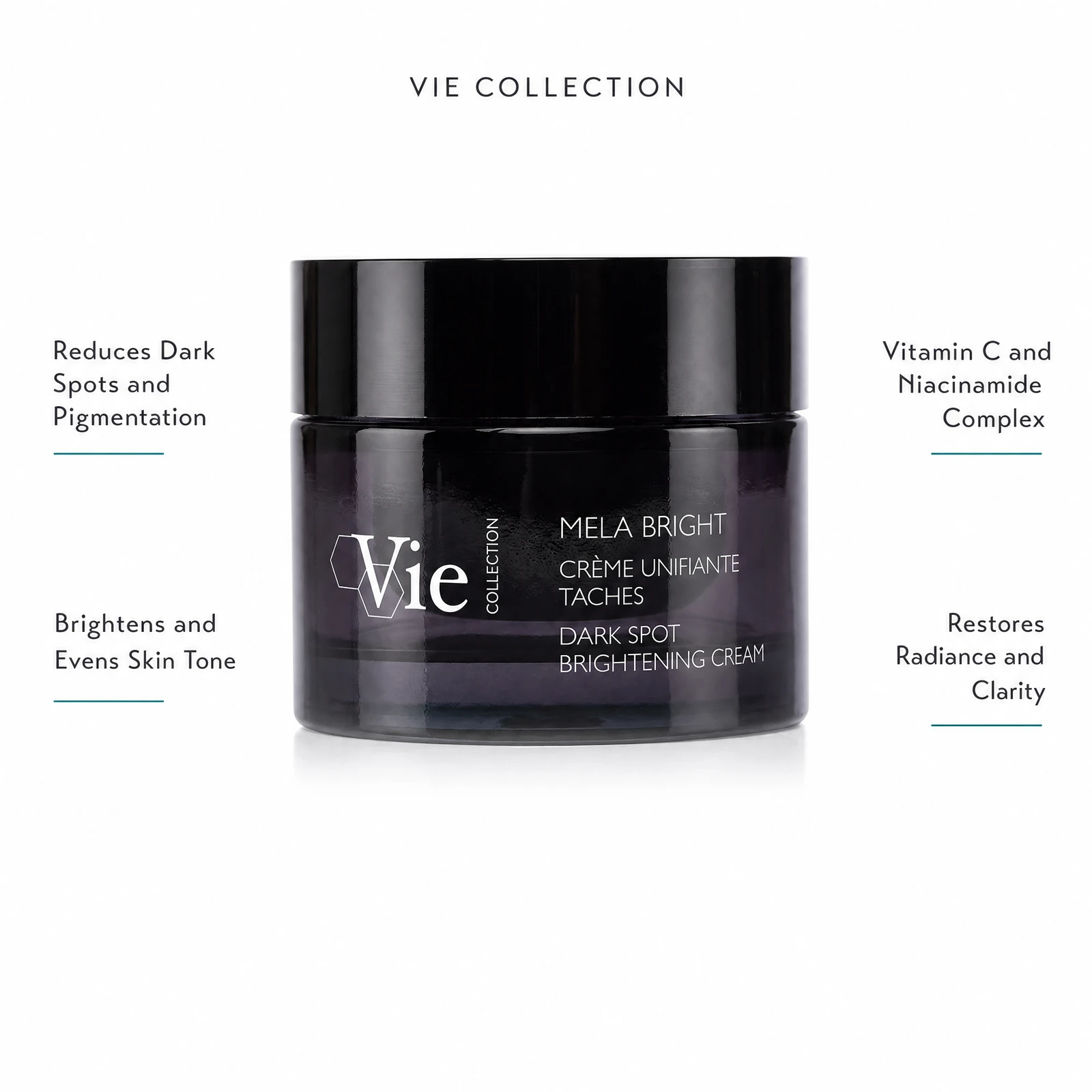 Vie Collection Mela Bright Dark Spot Brightening Cream 50ml with four benefit callouts: Reduces Dark Spots and Pigmentation, Brightens and Evens Skin Tone, Vitamin C and Niacinamide Complex, Restores Radiance and Clarity
