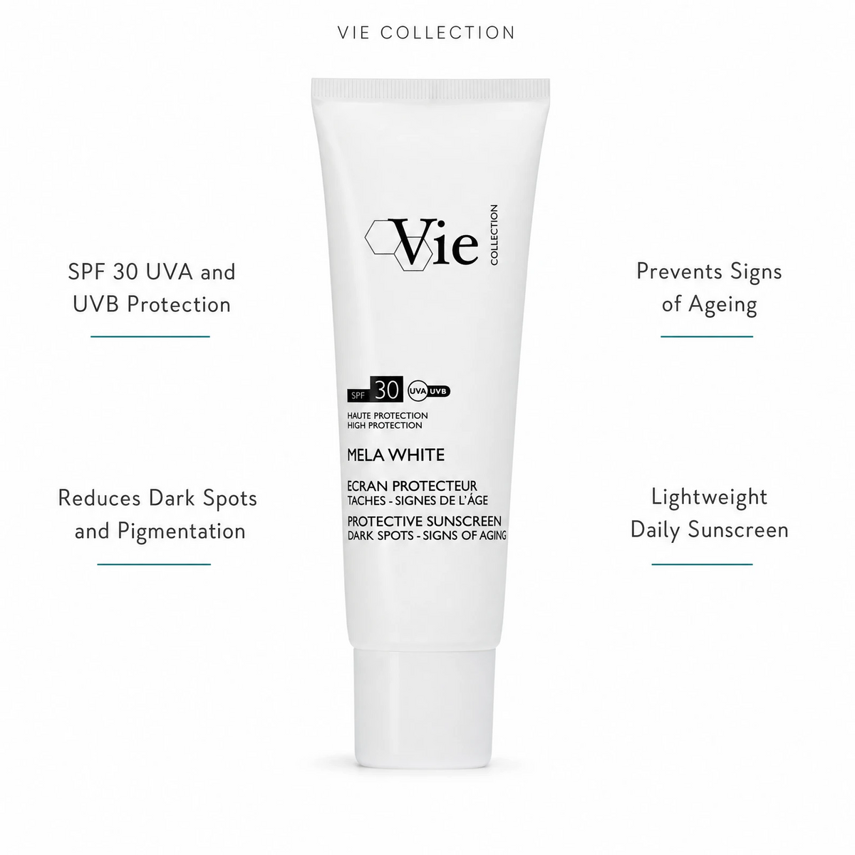 Vie Collection Mela White Protective Sunscreen SPF30 50ml with four benefit callouts: SPF 30 UVA and UVB Protection, Reduces Dark Spots and Pigmentation, Prevents Signs of Ageing, Lightweight Daily Sunscreen