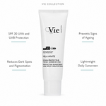 Vie Collection Mela White Protective Sunscreen SPF30 50ml with four benefit callouts: SPF 30 UVA and UVB Protection, Reduces Dark Spots and Pigmentation, Prevents Signs of Ageing, Lightweight Daily Sunscreen