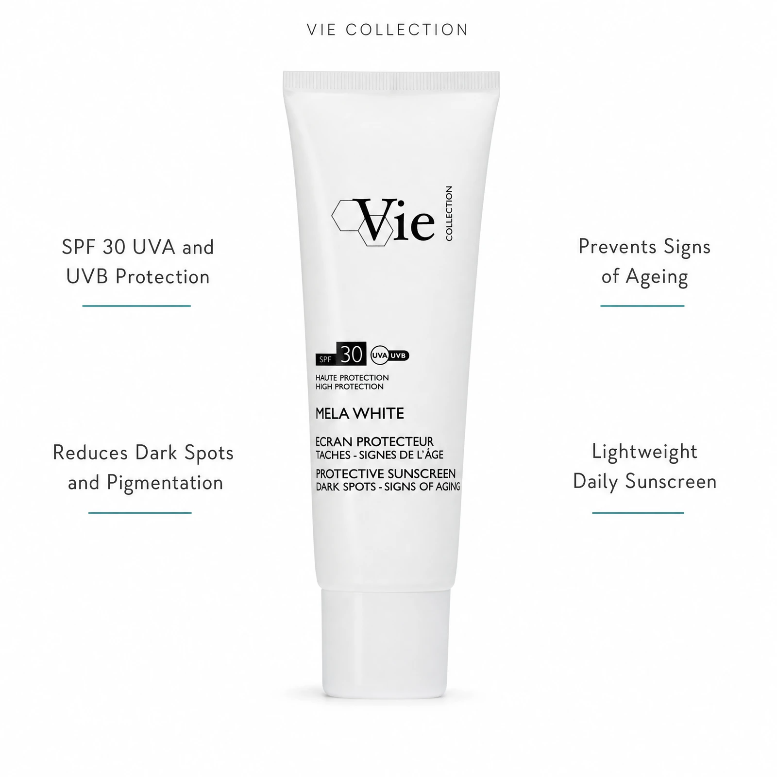Vie Collection Mela White Protective Sunscreen SPF30 50ml with four benefit callouts: SPF 30 UVA and UVB Protection, Reduces Dark Spots and Pigmentation, Prevents Signs of Ageing, Lightweight Daily Sunscreen