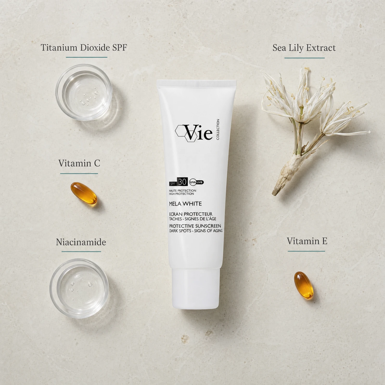 Vie Collection Mela White Protective Sunscreen SPF30 50ml flatlay on limestone surface with Titanium Dioxide SPF, Vitamin C, Niacinamide, Sea Lily Extract, and Vitamin E