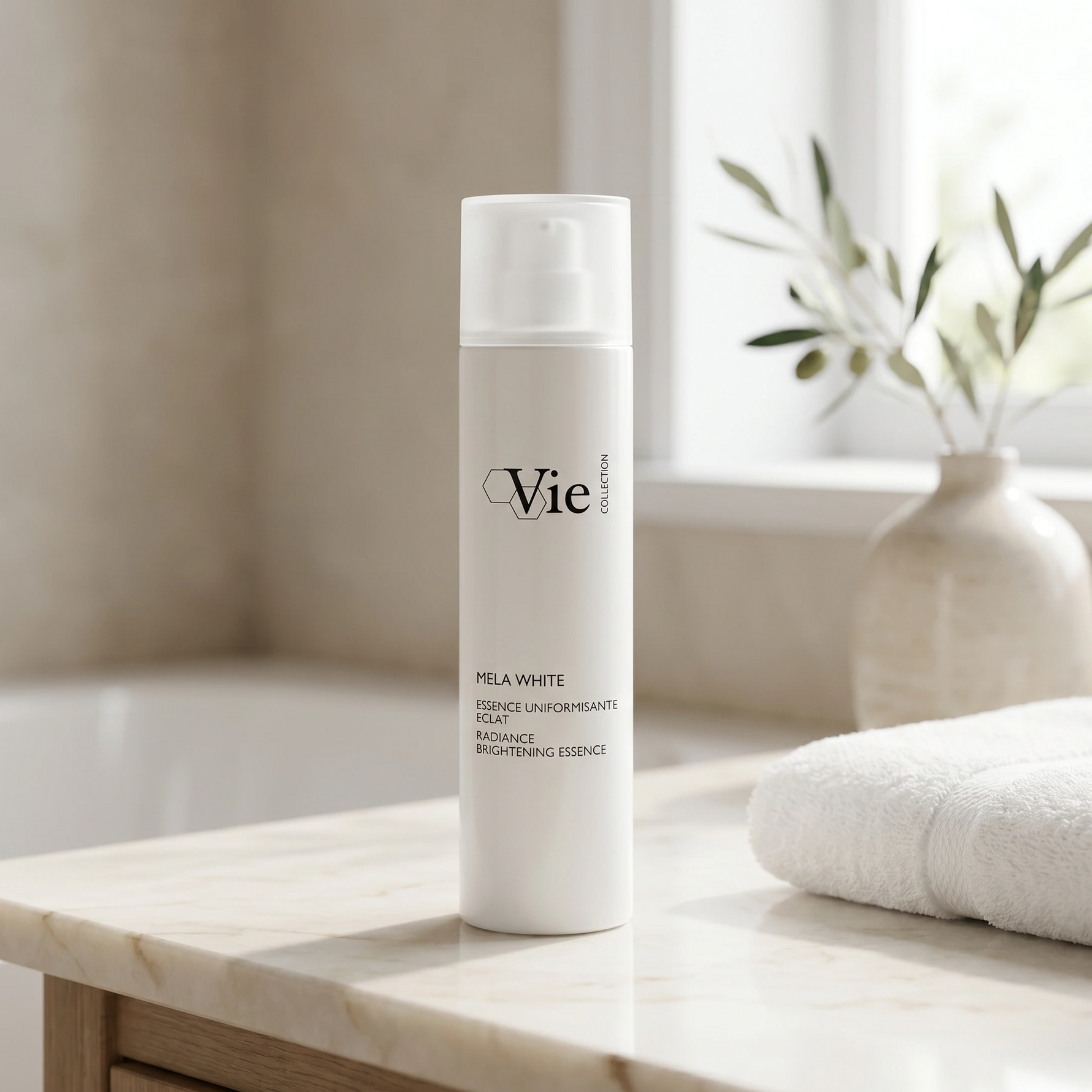Vie Collection Mela White Radiance Brightening Essence 150ml with callouts for dark spots, radiance, even tone and smoother texture.