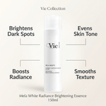 Vie Collection Mela White Radiance Brightening Essence 150ml with callouts for dark spots, radiance, even tone and smoother texture.