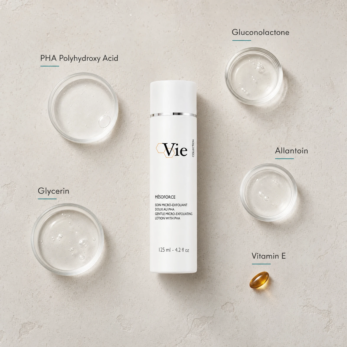 Vie Collection Mésoforce Gentle Micro-Exfoliating Lotion with PHA 125ml flatlay on limestone surface with PHA Polyhydroxy Acid, Gluconolactone, Glycerin, Allantoin, and Vitamin E
