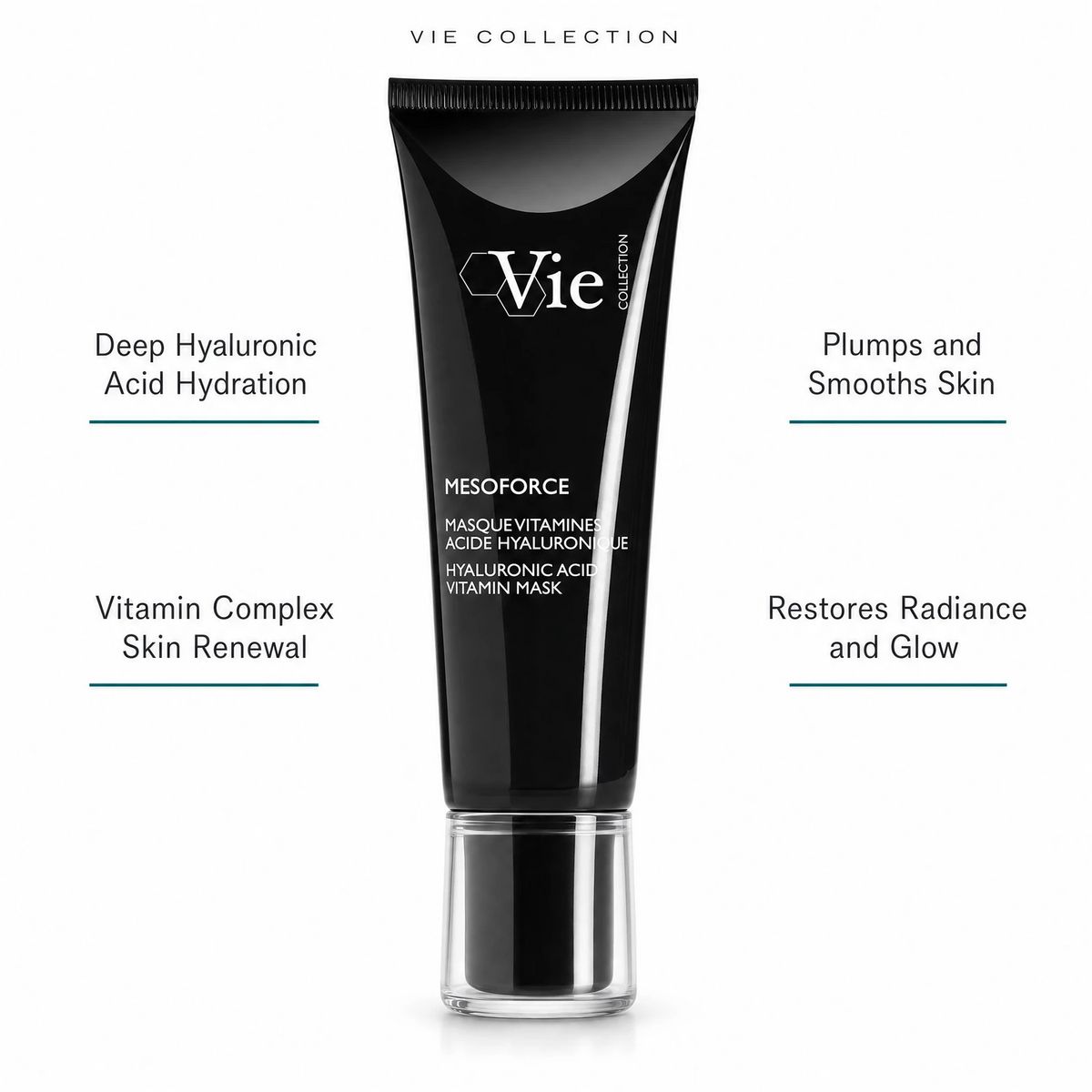 Vie Collection Mésoforce Hyaluronic Acid Vitamin Mask with four benefit callouts: Deep Hyaluronic Acid Hydration, Vitamin Complex Skin Renewal, Plumps and Smooths Skin, Restores Radiance and Glow