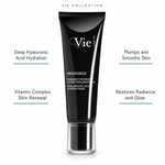Vie Collection Mésoforce Hyaluronic Acid Vitamin Mask with four benefit callouts: Deep Hyaluronic Acid Hydration, Vitamin Complex Skin Renewal, Plumps and Smooths Skin, Restores Radiance and Glow