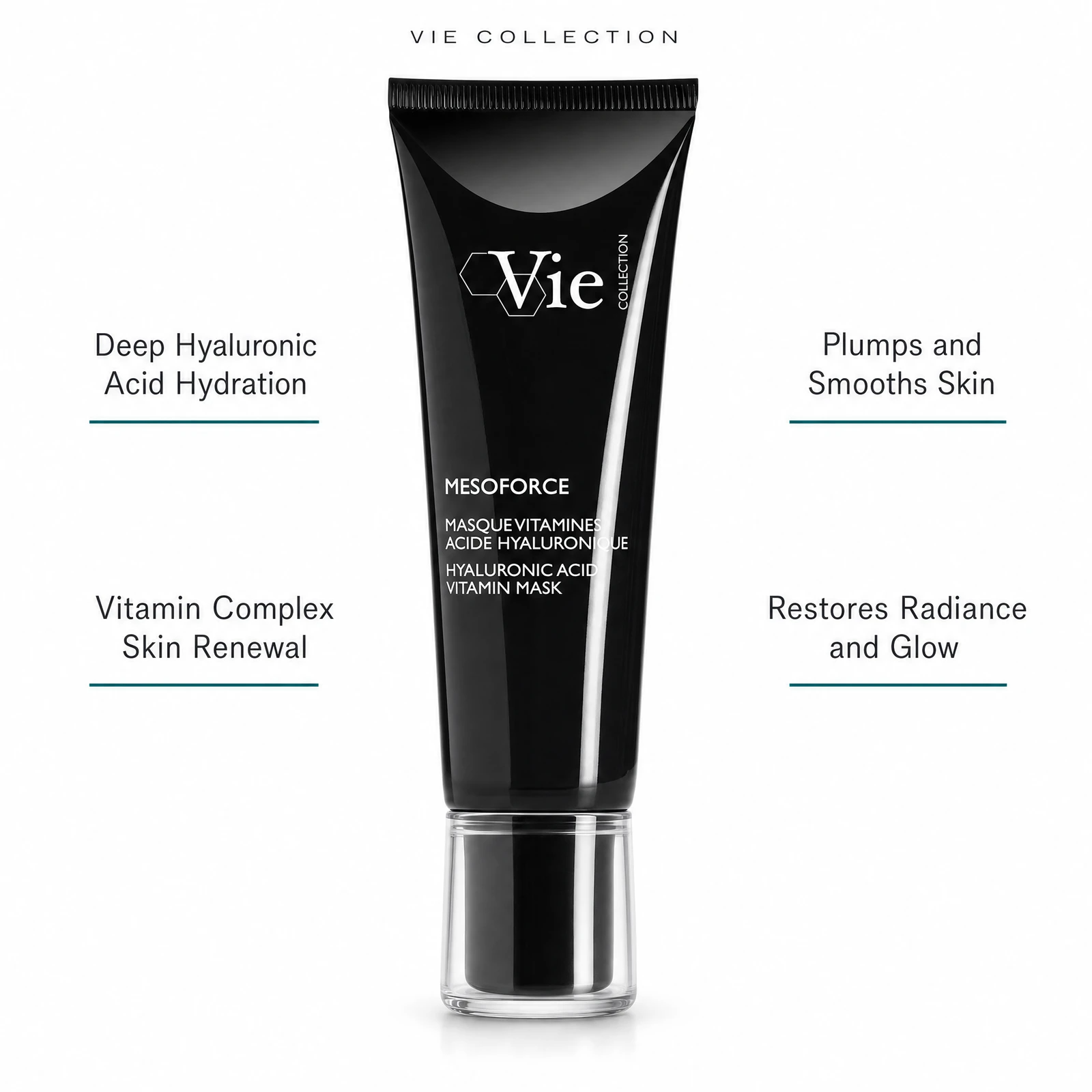Vie Collection Mésoforce Hyaluronic Acid Vitamin Mask with four benefit callouts: Deep Hyaluronic Acid Hydration, Vitamin Complex Skin Renewal, Plumps and Smooths Skin, Restores Radiance and Glow