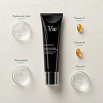 Vie Collection Mésoforce Hyaluronic Acid Vitamin Mask flatlay on limestone surface with Hyaluronic Acid, Vitamin C, Vitamin E, Niacinamide, and Glycerin