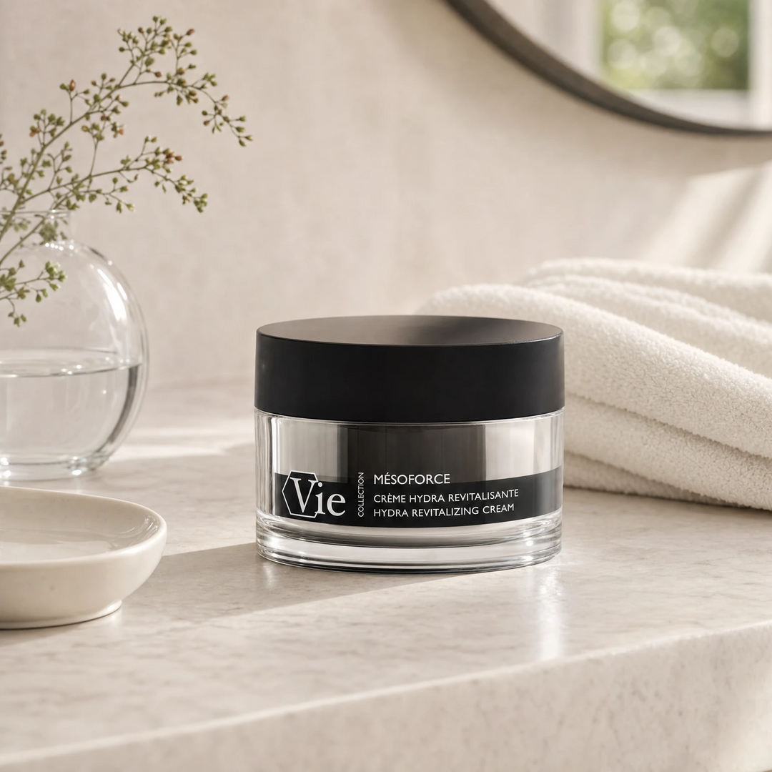 Vie Collection Mésoforce Hydra Revitalizing Cream 50ml on a marble bathroom counter with botanical in round glass vase, white ceramic tray, stacked white spa towels and round mirror, premium at-home skincare setting