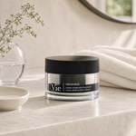 Vie Collection Mésoforce Hydra Revitalizing Cream 50ml on a marble bathroom counter with botanical in round glass vase, white ceramic tray, stacked white spa towels and round mirror, premium at-home skincare setting