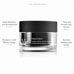 Vie Collection Mésoforce Hydra Revitalizing Cream 50ml with four benefit callouts: Deep Hydration and Revitalisation, Hyaluronic Acid Moisture Surge, Firms and Smooths Skin Texture, Restores Radiance and Vitality
