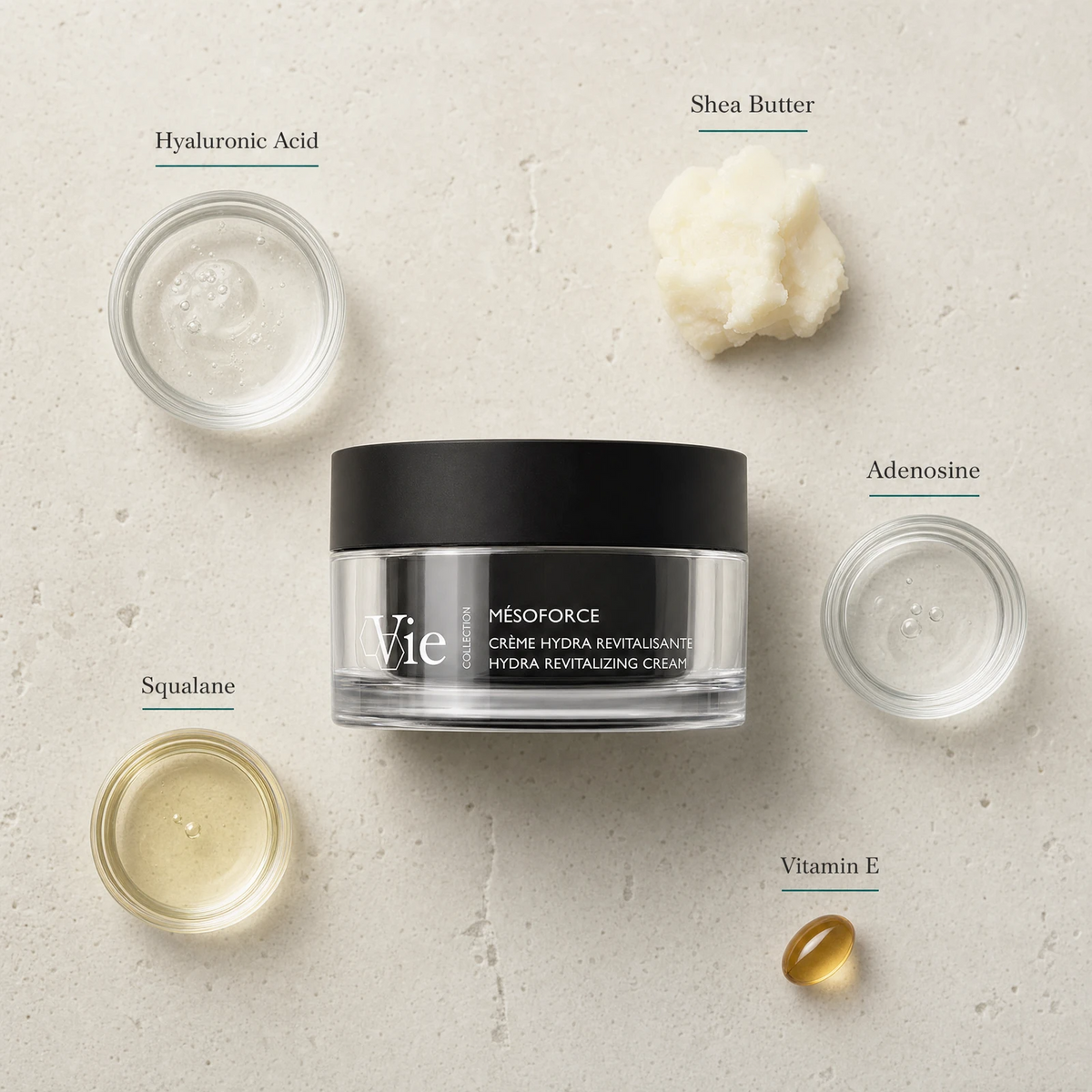 Vie Collection Mésoforce Hydra Revitalizing Cream 50ml flatlay on limestone surface with Hyaluronic Acid, Shea Butter, Adenosine, Squalane, and Vitamin E