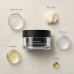 Vie Collection Mésoforce Hydra Revitalizing Cream 50ml flatlay on limestone surface with Hyaluronic Acid, Shea Butter, Adenosine, Squalane, and Vitamin E
