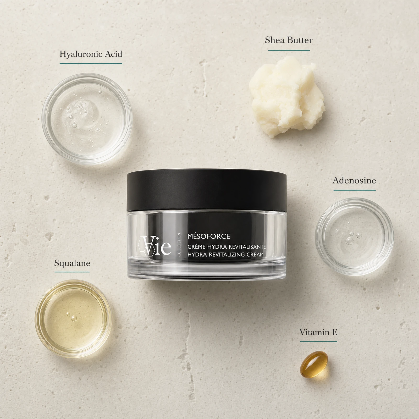Vie Collection Mésoforce Hydra Revitalizing Cream 50ml flatlay on limestone surface with Hyaluronic Acid, Shea Butter, Adenosine, Squalane, and Vitamin E