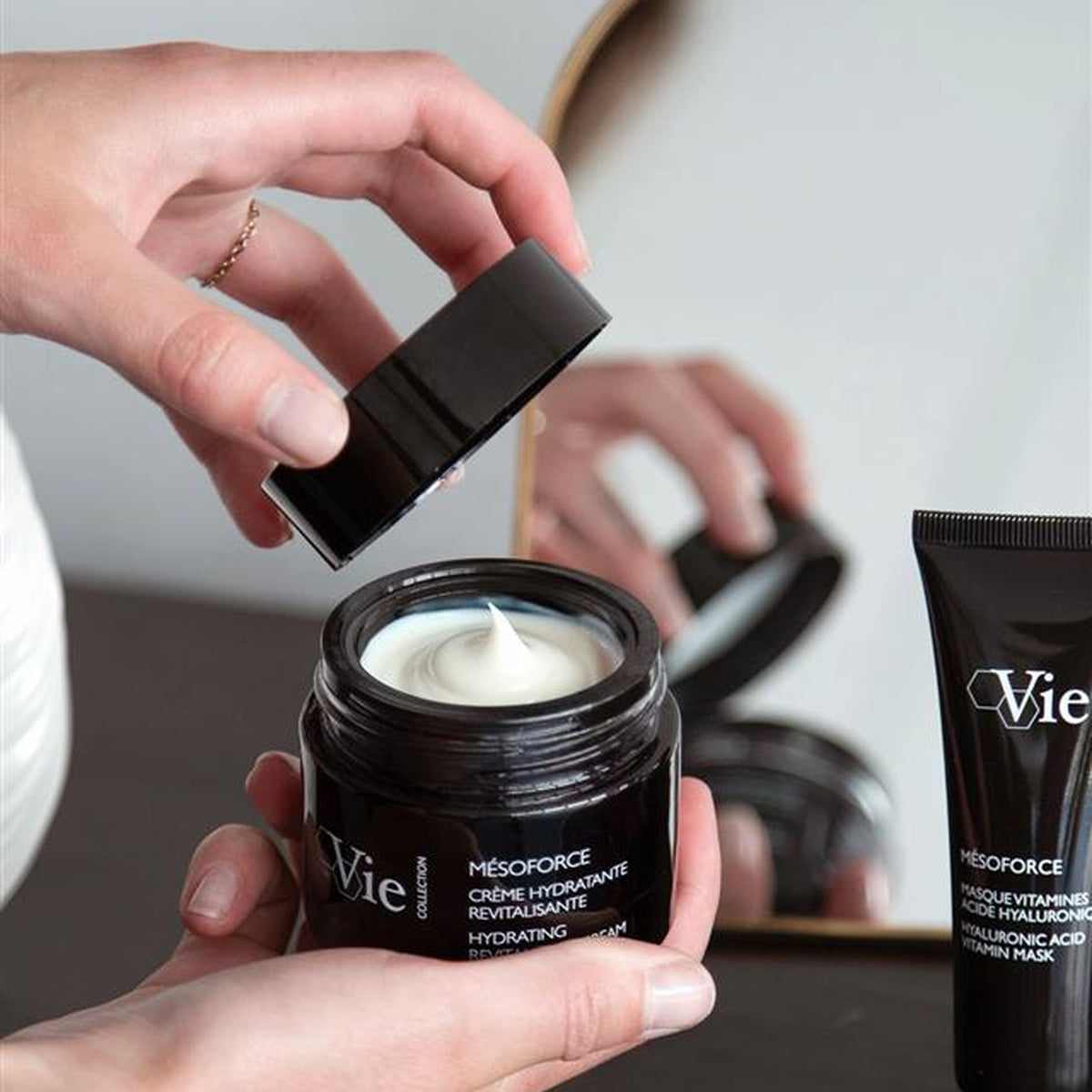 Vie Collection Mesoforce Hydra Revitalizing Cream and Hyaluronic Acid Vitamin Mask group image for hydrated radiant skin
