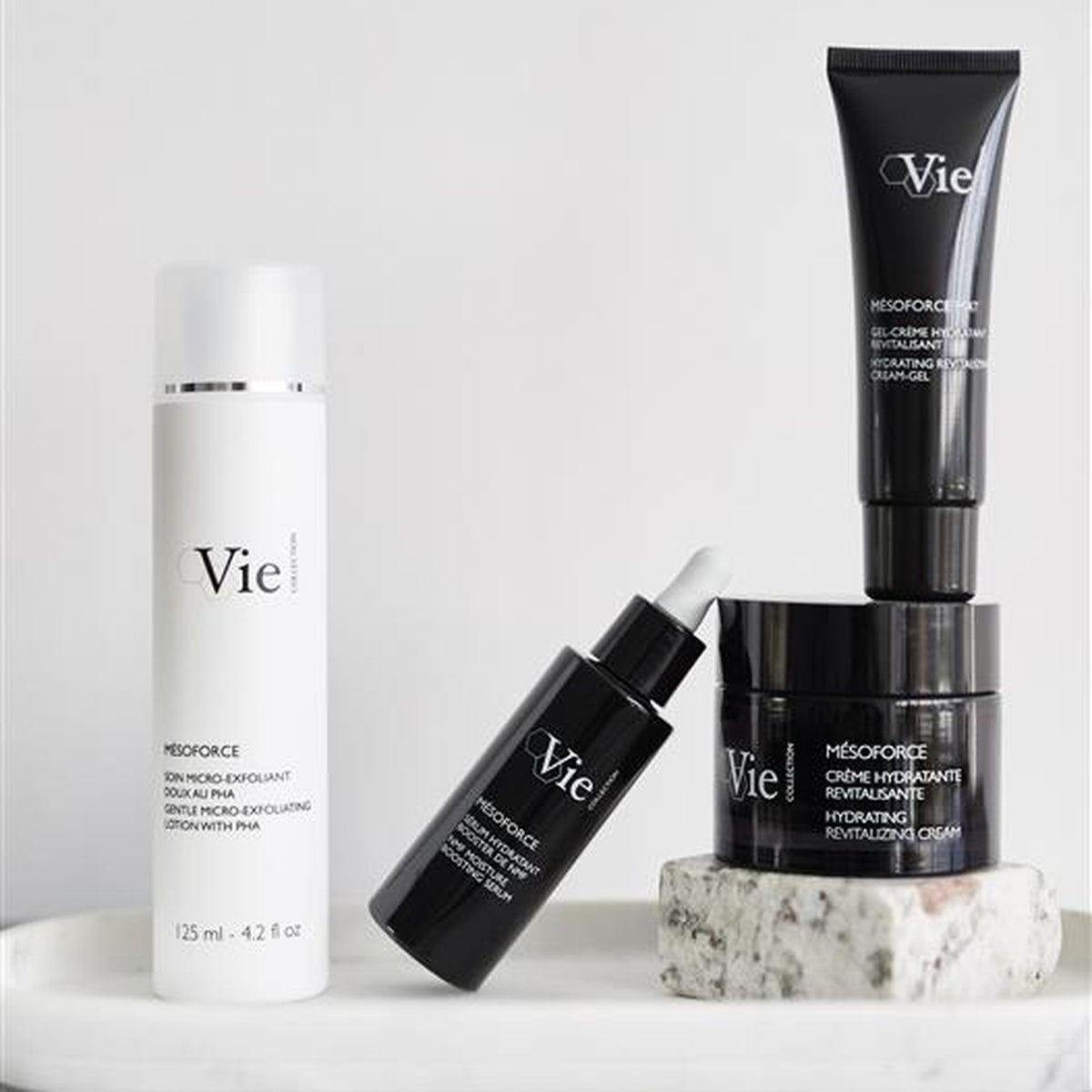 Vie Collection Mesoforce Hydra Revitalizing Cream and Hyaluronic Acid Vitamin Mask skincare group image for hydrated radiant skin